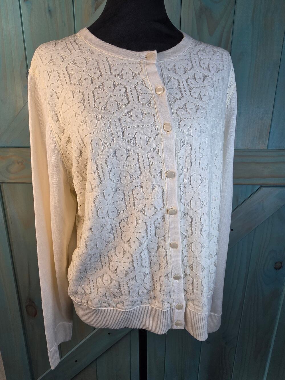 NWT Cream Crochet Floral Lace-front Cardigan Charter Club Knit Crewneck Buttonup